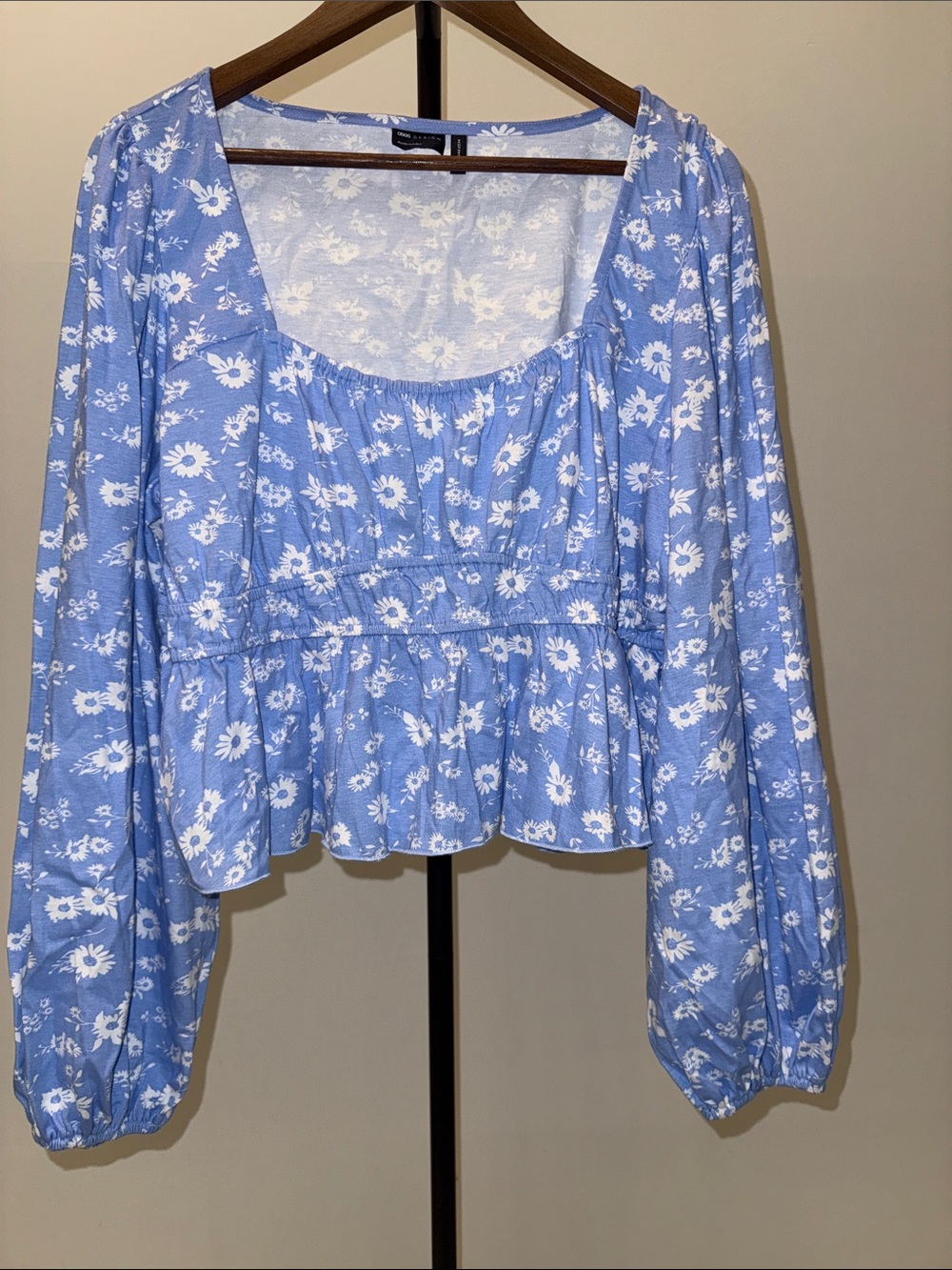 ASOS DESIGN Shirred Waist Long Sleeve Top In Blue Floral Print | Size 14